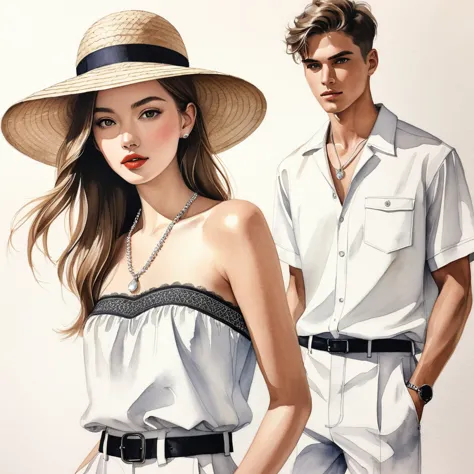 candid fashion illustration of young man and woman, both aged 23 year old, tall and slender, super model, ((showcase fashion in ...