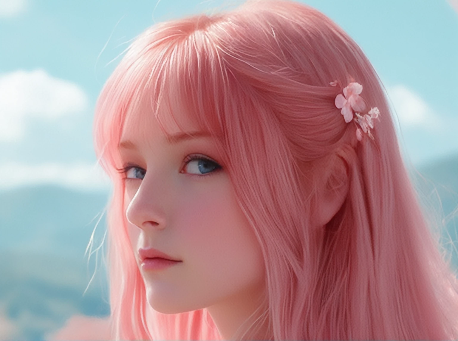 Realistic, 8K, a beautiful young girl with long pink hair, detail blue eyes