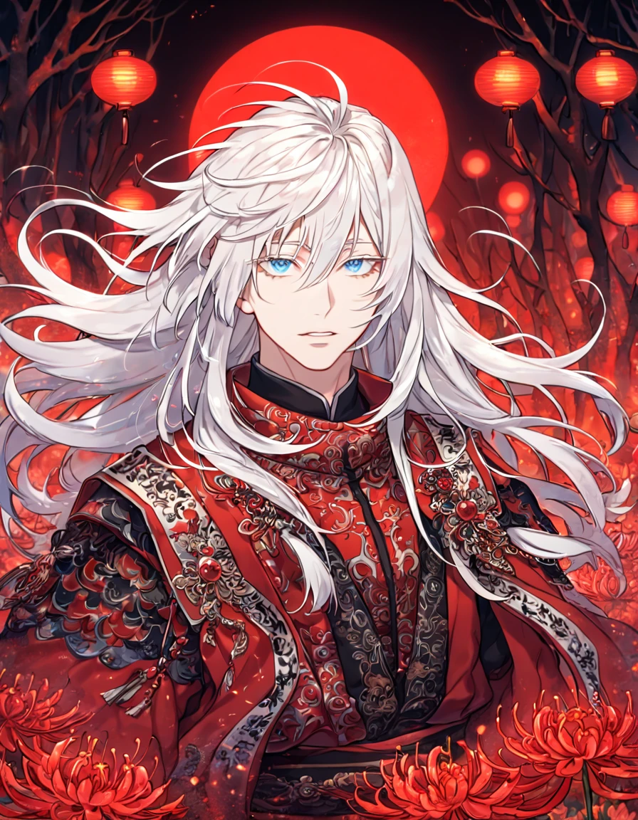 absurdres, highres, ultra detailed, HDR, master piece, best quality, extremely detailed face, delicated features, Gojou Satoru, white hair, long hair, messy hair, expressive blue eyes, white eyelashes, Thousand Years War, solo, sexy man, handsome, red transparent veil, red wedding robes, accessories, spider lilies patterns, red moon, red blood water, fantasy, magical, red trees, forest, red dust, red lanterns, red fire, red floating round lights, Jujutsu Kaisen