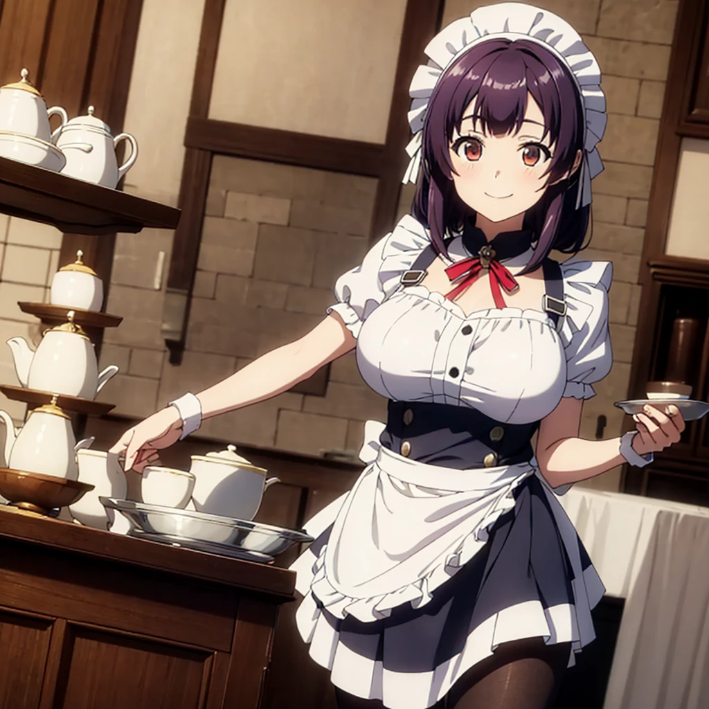 (masterpiece, best quality:1.2), cowboy shot, solo, 1girl, sonken chuubou, smile, looking at viewer, holding tray, hairband, waitress, apron, puffy sleeves, pantyhose, large breasts