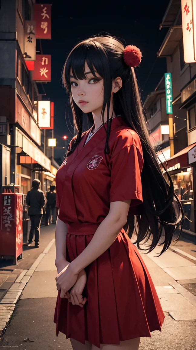 Create a surreal, detailed image of the Japanese urban legend yokai Acrobatic Sarasara - a tall woman in a red dress with long black hair and no eyeballs - finding a cheerleader uniform and pom-poms on the ground. Set the scene at night in a city with eerie lighting.