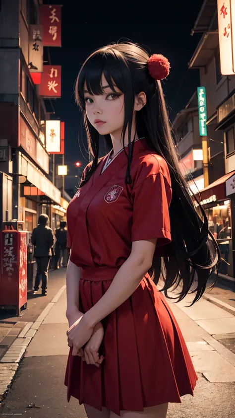 Create a surreal, detailed image of the Japanese urban legend yokai Acrobatic Sarasara - a tall woman in a red dress with long b...