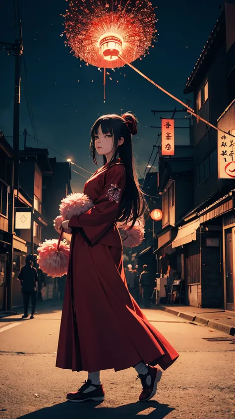 Create a surreal, detailed image of the Japanese urban legend yokai Acrobatic Sarasara - a tall woman in a red dress with long b...