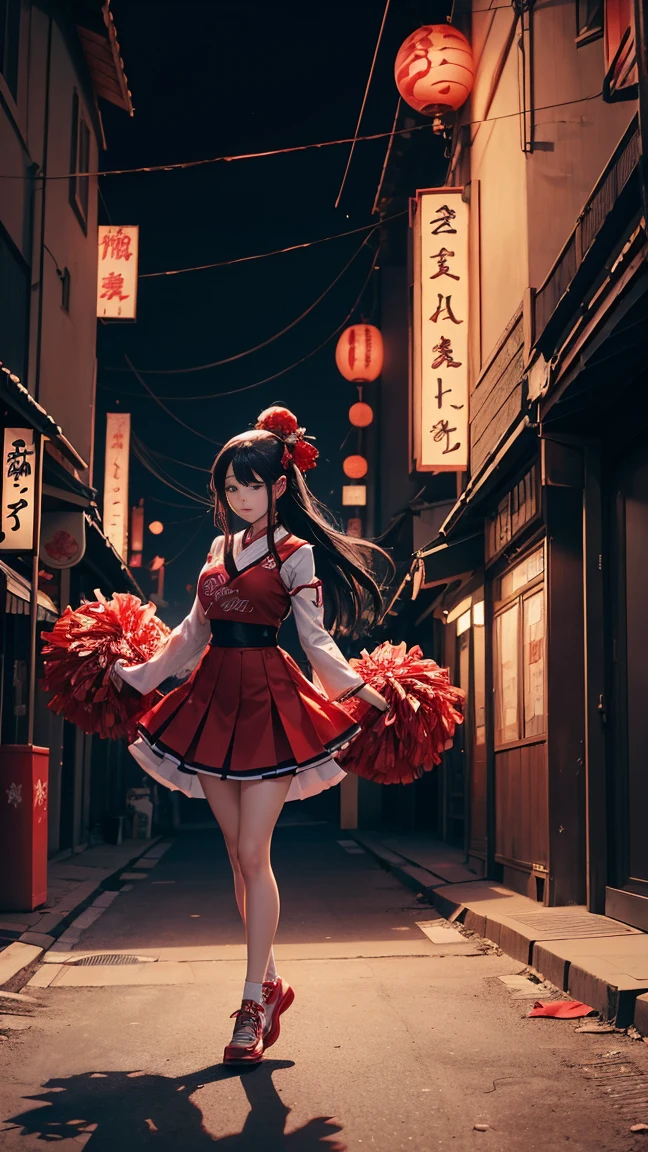 Créer un surréaliste, image détaillée de la légende urbaine japonaise yokai Acrobatic Sarasara - une grande femme vêtue d'une robe rouge avec de longs cheveux noirs et sans yeux - trouvant un uniforme de pom-pom girl et des pom-poms sur le sol. Placez la scène de nuit dans une ville éclairée de façon étrange.