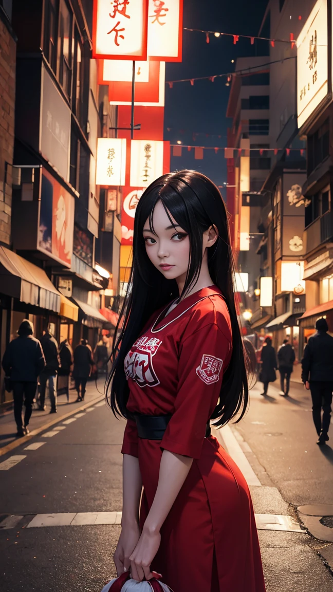 Créer un surréaliste, image détaillée de la légende urbaine japonaise yokai Acrobatic Sarasara - une grande femme vêtue d'une robe rouge avec de longs cheveux noirs et sans yeux - trouvant un uniforme de pom-pom girl et des pom-poms sur le sol. Placez la scène de nuit dans une ville éclairée de façon étrange.