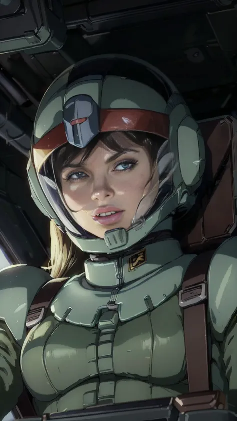 (((masterpiece,highest quality,in 8k,super detailed,high resolution,anime style,absolutely))),zeon female pilot sitting in the c...