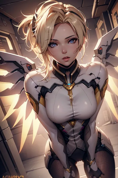 mercy overwatch, squating, pantyhose, sexy, beautiful detailed eyes, beautiful detailed lips, extremely detailed face, long eyel...