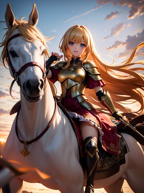 （super masterpiece）、（excellent paintings）、（1 female）、shoulder armor, arm armor, breastplate, gauntlet,  golden armor，red ruffle ...