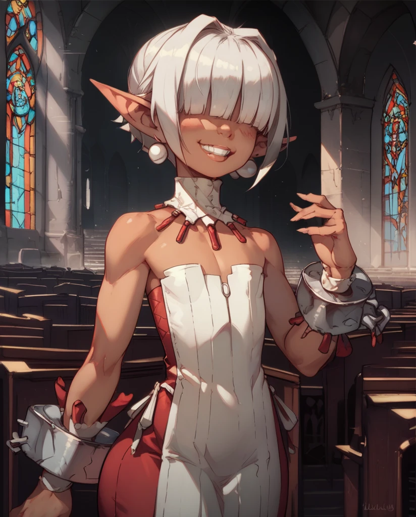 score_9,score_8_up,score_7_up,
Clergyxl,pointy ears,hair over eyes,silver hair flat chest,smile,teeth,very short hair,hips,
bare shoulders,white strapless dress,pearl earrings,wrist cuffs,wristband,neck brace,
church,underworld, middle dark skin,