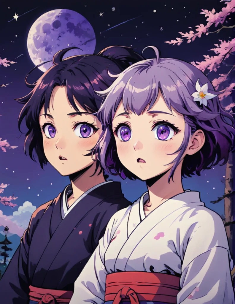 Two anime characters side by side, (surprised expression:1.2), (dark purple haired character with purple eyes.1), white haired character with wide purple eyes, (starry night sky:1.1), subtle blush on cheeks, traditional Japanese clothing, detailed facial expressions, (dynamic interaction:1.3), vibrant animation style, soft lighting, (emotion-rich scene:1.2), (kimetsu no yaiba style:1.2)






