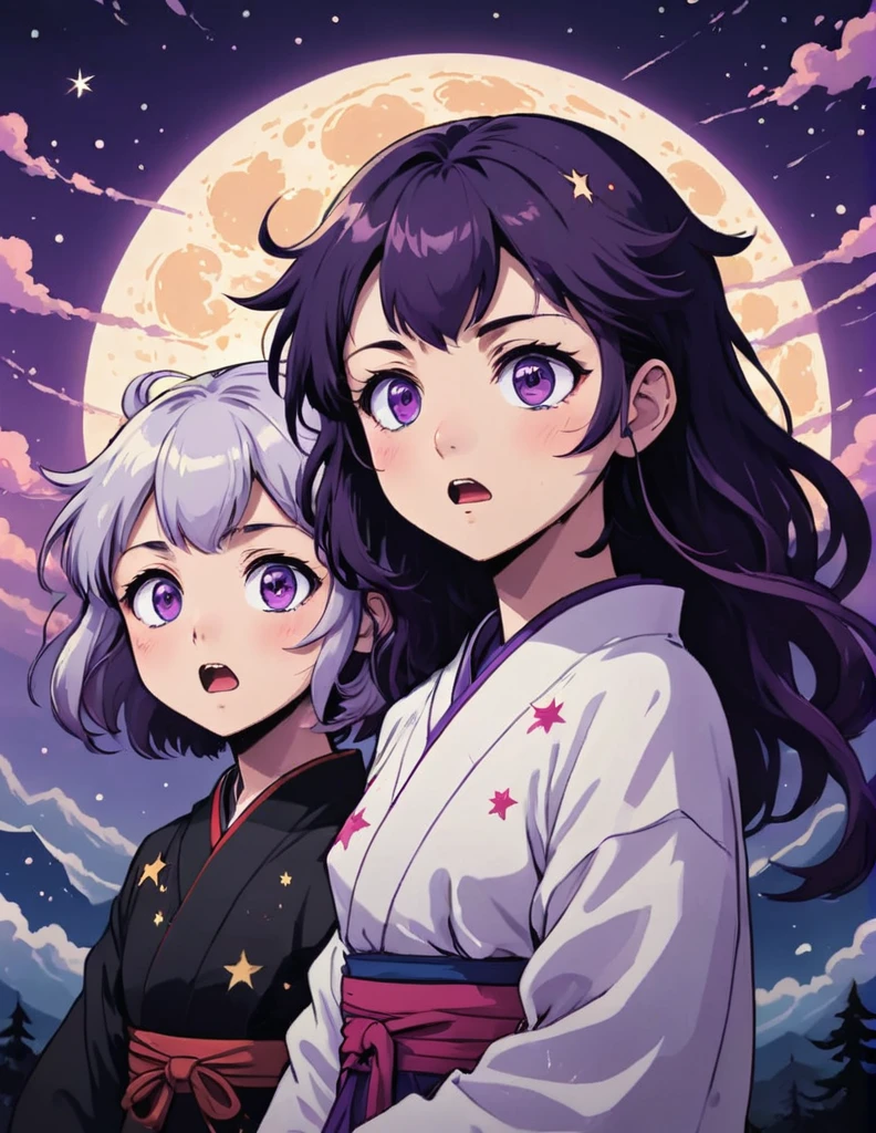 Two anime characters side by side, (surprised expression:1.2), (dark purple haired character with purple eyes.1), white haired character with wide purple eyes, (starry night sky:1.1), subtle blush on cheeks, traditional Japanese clothing, detailed facial expressions, (dynamic interaction:1.3), vibrant animation style, soft lighting, (emotion-rich scene:1.2), (kimetsu no yaiba style:1.2)






