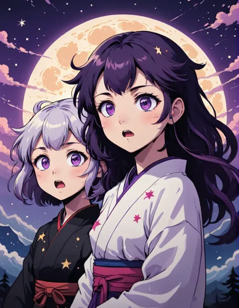 Two anime characters side by side, (surprised expression:1.2), (dark purple haired character with purple eyes.1), white haired c...