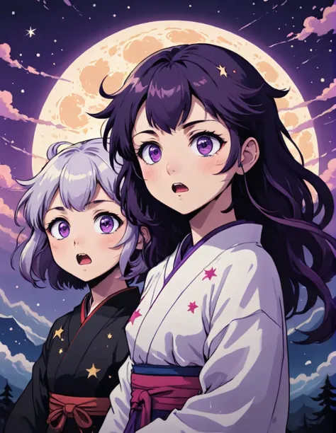 two anime characters side by side, (surprised expression:1.2), (dark purple haired character with purple eyes.1), white haired c...