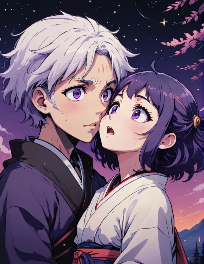 Two anime characters side by side, (surprised expression:1.2), (dark purple haired character with purple eyes.1), white haired character with wide purple eyes, (starry night sky:1.1), subtle blush on cheeks, traditional Japanese clothing, detailed facial expressions, (dynamic interaction:1.3), vibrant animation style, soft lighting, (emotion-rich scene:1.2), (kimetsu no yaiba style:1.2)






