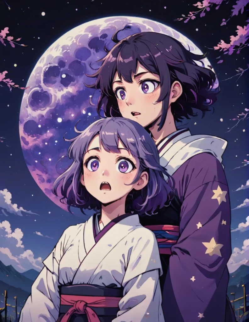 Two anime characters side by side, (surprised expression:1.2), (dark purple haired character with purple eyes.1), white haired character with wide purple eyes, (starry night sky:1.1), subtle blush on cheeks, traditional Japanese clothing, detailed facial expressions, (dynamic interaction:1.3), vibrant animation style, soft lighting, (emotion-rich scene:1.2), (kimetsu no yaiba style:1.2)






