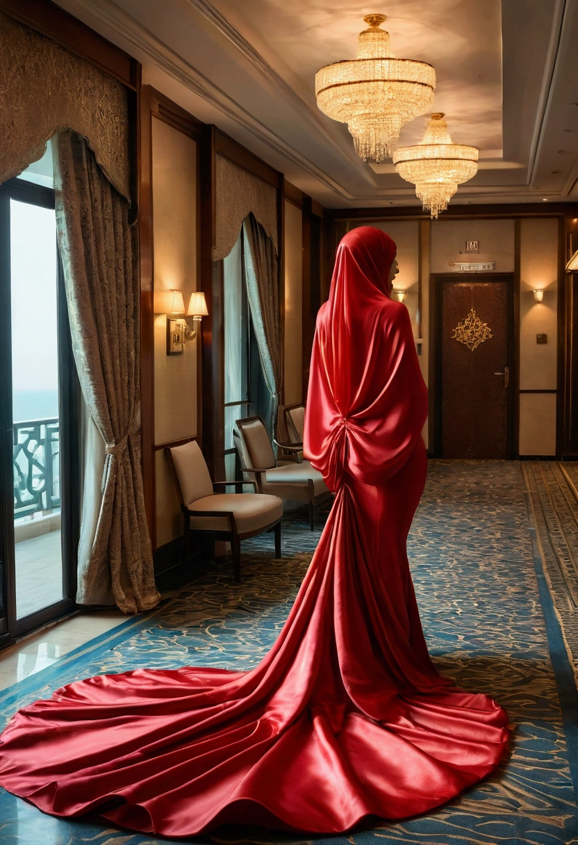 An alluring woman shrouded in a 4-meter-long, plush red satin cloth, tightly bound and grandly draping along the form of her body, flowing off into a pooled floor-length train, styled in a mermaid-inspired outfit, her head modestly veiled in a satin hijab, overloong outfit stuck in something, in hotel room,stand in balcony,a full-body pose conveying a sense of mysterious elegance, captured in a 4k resolution, ultra-realistic