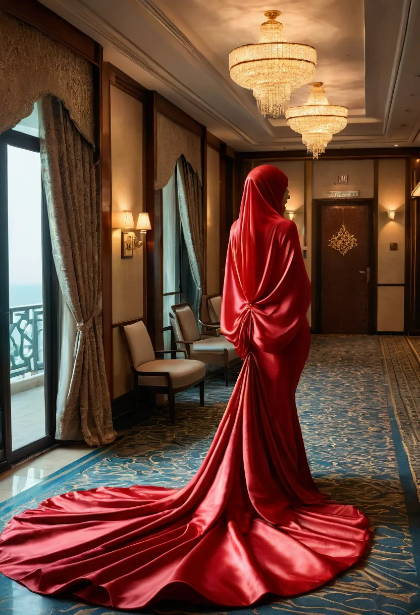 An alluring woman shrouded in a 4-meter-long, plush red satin cloth, tightly bound and grandly draping along the form of her bod...