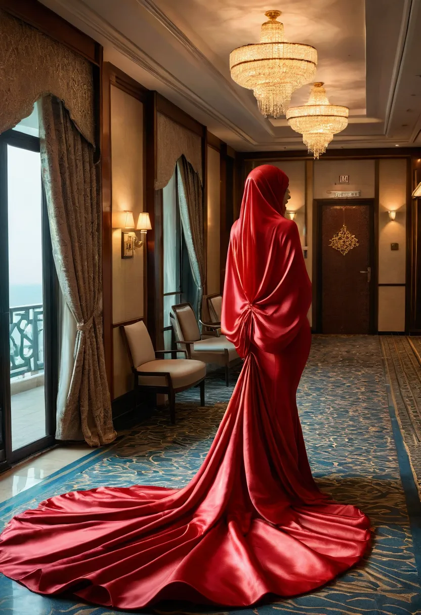 an alluring woman shrouded in a 4-meter-long, plush red satin cloth, tightly bound and grandly draping along the form of her bod...