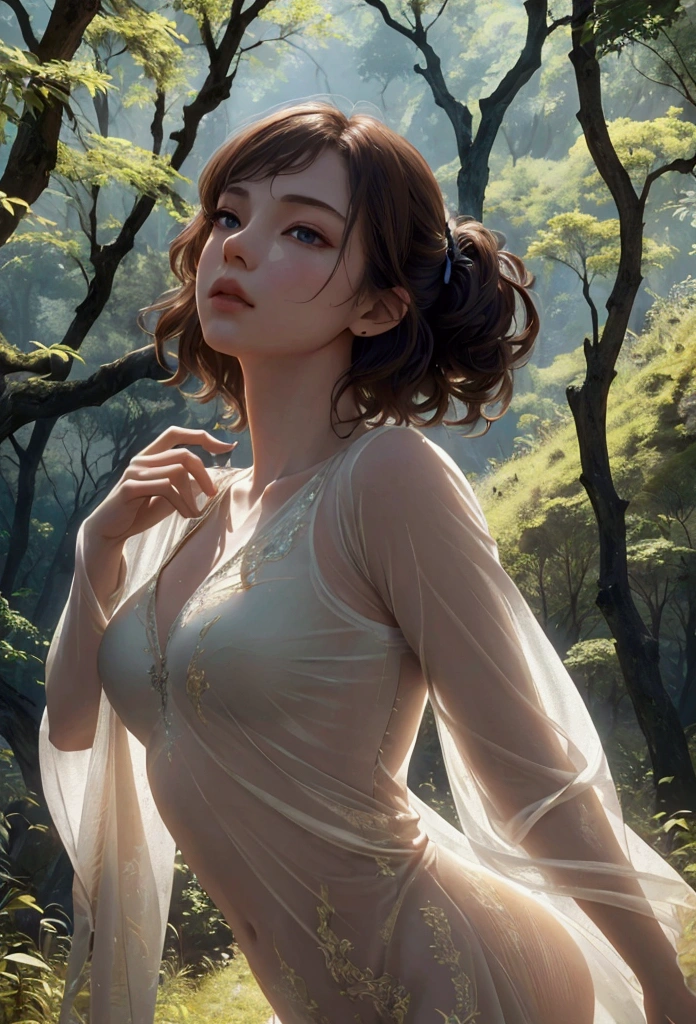 Running through a vast and beautiful landscape , Surrounded by lush nature, Extreme low angle upper body shot from below_delicate details, Running, brown short hair, pale skin, (best quality, 4K, 8k, high resolution, masterpiece: 1.2), very detailed, (realistic: 1.37), official art, amazing, serene, inspirational, dramatic lighting, forest, horizon, natural beauty,