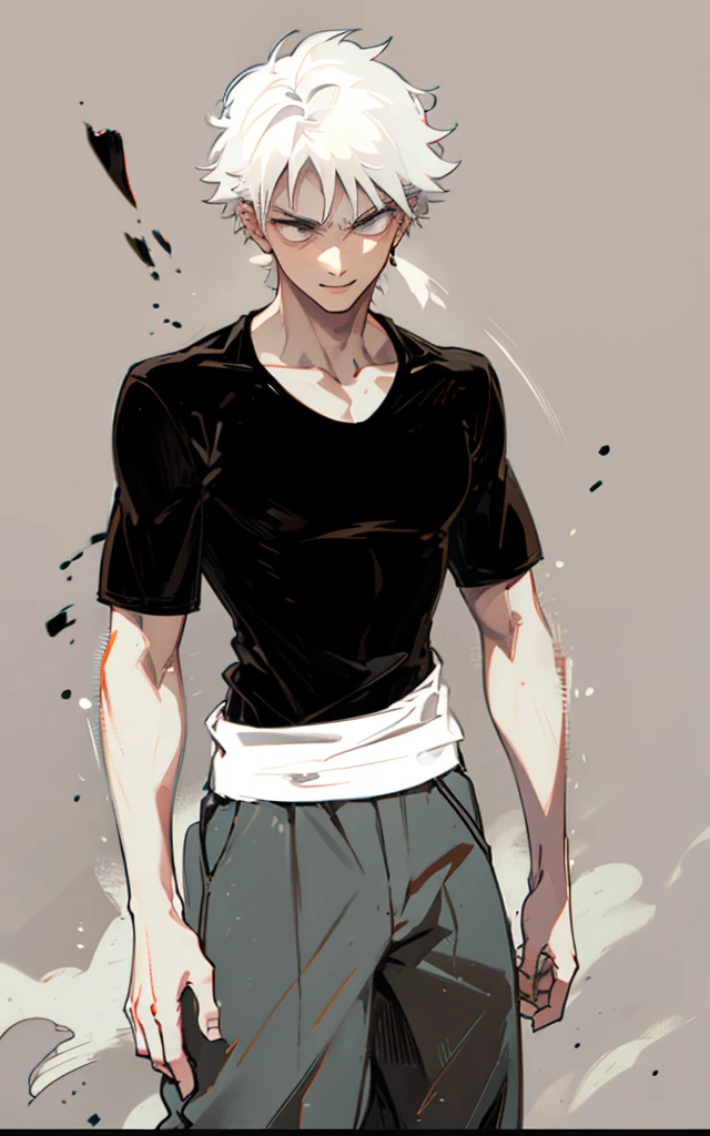 White haired boy, kung fu style pants, and black t-shirt