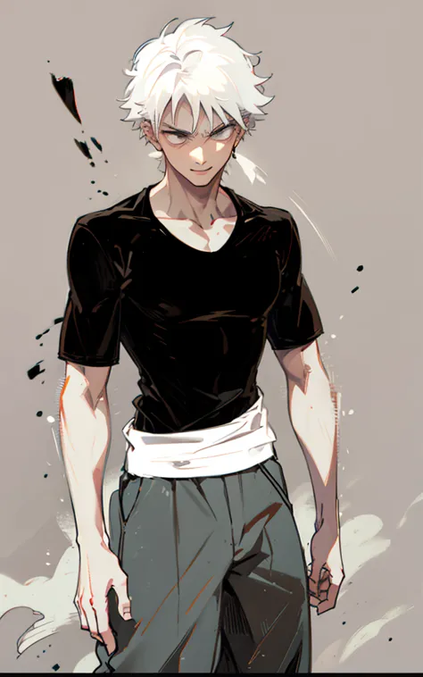 white haired boy, kung fu style pants, and black t-shirt