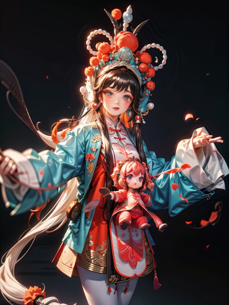 （ 8K， Dynamic action， pale washed out style， Dreamy nostalgia， Soft focus， dark haght leaks， Medium photography， Coarse grain photos， tmasterpiece， top-quality， 8K， realisticlying， Very dense CG， shiny skins，）(a girl: 1.8), Blue and white Peking Opera costumes，the Beijing Opera, attic internal background, bust, Chinese opera, Peking Opera costume, red pompoms headdress, Chinese elements, miniature photography, (scenario), blue| red| white color matching, grand, magnificent, happy expression of the characters, crazy and complex, the details of the super acme, elegant, gorgeous, super photo-realistic, super details