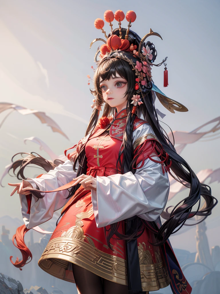 （ 8K， Dynamic action， pale washed out style， Dreamy nostalgia， Soft focus， dark haght leaks， Medium photography， Coarse grain photos， tmasterpiece， top-quality， 8K， realisticlying， Very dense CG， shiny skins，）(a girl: 1.8), Blue and white Peking Opera costumes，the Beijing Opera, attic internal background, bust, Chinese opera, Peking Opera costume, red pompoms headdress, Chinese elements, miniature photography, (scenario), blue| red| white color matching, grand, magnificent, happy expression of the characters, crazy and complex, the details of the super acme, elegant, gorgeous, super photo-realistic, super details