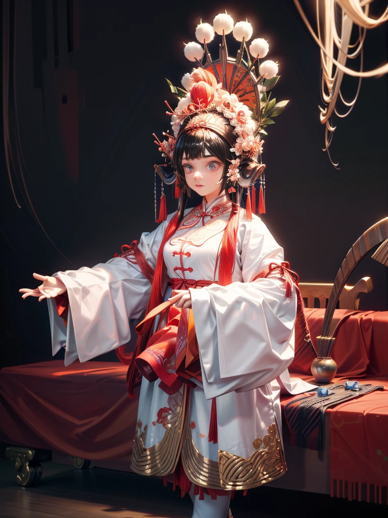 （ 8K， Dynamic action， pale washed out style， Dreamy nostalgia， Soft focus， dark haght leaks， Medium photography， Coarse grain photos， tmasterpiece， top-quality， 8K， realisticlying， Very dense CG， shiny skins，）(a girl: 1.8), Blue and white Peking Opera costumes，the Beijing Opera, attic internal background, bust, Chinese opera, Peking Opera costume, red pompoms headdress, Chinese elements, miniature photography, (scenario), blue| red| white color matching, grand, magnificent, happy expression of the characters, crazy and complex, the details of the super acme, elegant, gorgeous, super photo-realistic, super details