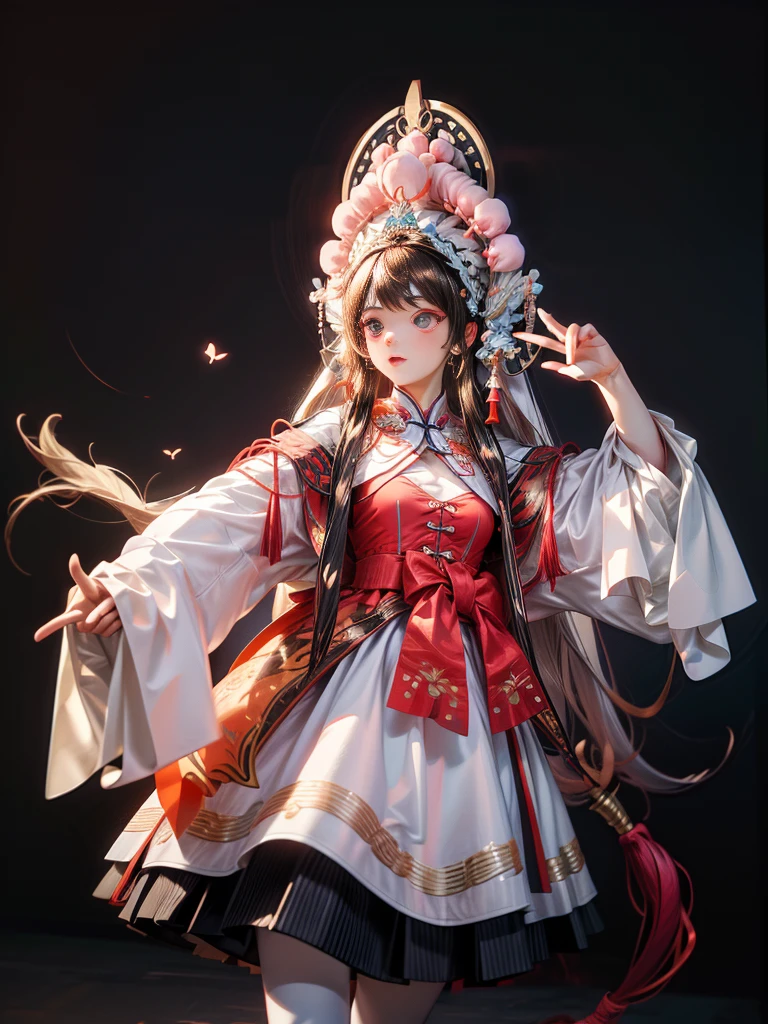 （ 8K， Dynamic action， pale washed out style， Dreamy nostalgia， Soft focus， dark haght leaks， Medium photography， Coarse grain photos， tmasterpiece， top-quality， 8K， realisticlying， Very dense CG， shiny skins，）(a girl: 1.8), Blue and white Peking Opera costumes，the Beijing Opera, attic internal background, bust, Chinese opera, Peking Opera costume, red pompoms headdress, Chinese elements, miniature photography, (scenario), blue| red| white color matching, grand, magnificent, happy expression of the characters, crazy and complex, the details of the super acme, elegant, gorgeous, super photo-realistic, super details