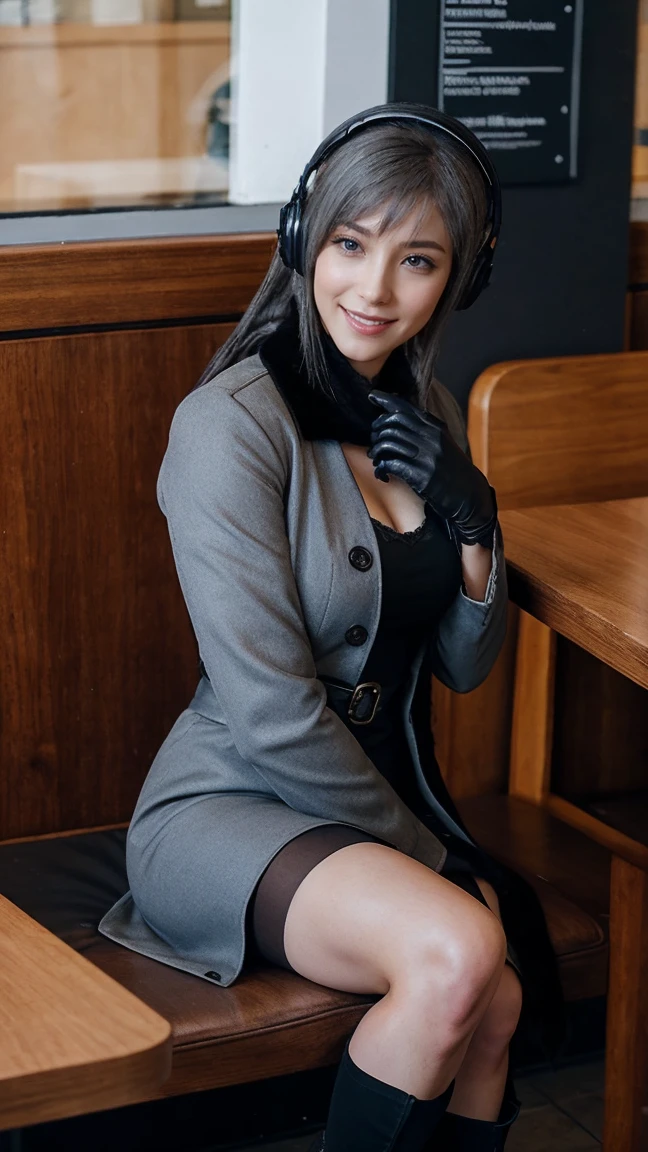 masterpiece, best quality, 1girl, solo, Bkornblume, headphones, solo, blue scarfs, coat, pussy, meeting someone, interrogation, black dress, black gloves, grey hair, holding gun, black coat dress, long sleeves, gloves, blushing, cafe, smile, full body, information, german face, boots, sitting, opened breasts, die stasi spy, cafe background, pantyhose, heels, holsters, buttons, knee, Street, Germany, breasts, blue stocking, Aranea Highwind, using cellphone telephone, mama Aranea, stasi, indoor, giving information intelligence, confidential document papers