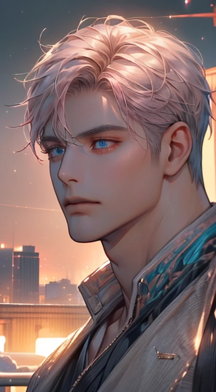 (best quality,4k,8k,highres,masterpiece:1.2),ultra-detailed,(realistic,photorealistic,photo-realistic:1.37),cinematic lighting,1:4 hdr image,a mature man, 32 years old,very handsome,cold expression,short grey pink hair,blue eyes,flawless face,buttoning his jacket,CEO