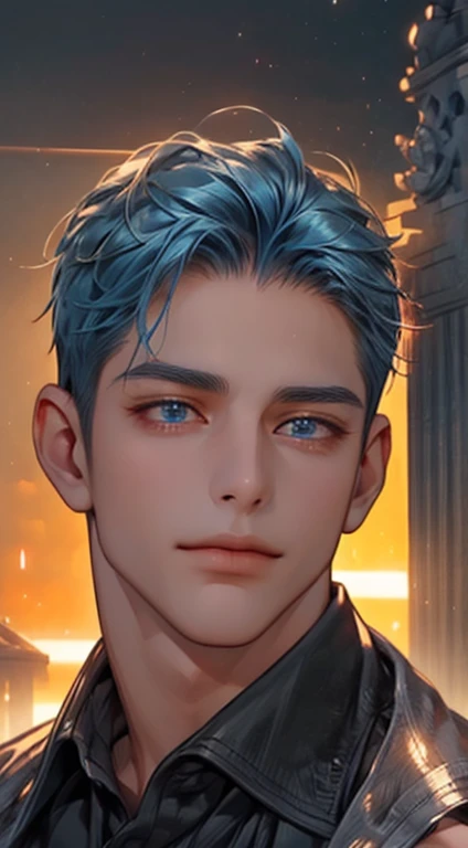 (best quality,4k,8k,highres,masterpiece:1.2),ultra-detailed,(realistic,photorealistic,photo-realistic:1.37),1 man,31 years old,mature man,very handsome,without expression,smile,short blue hair,blue eyes,penetrating gaze,perfect face without errors,imposing posture,businessman,office background,cinematic lighting,hdr image