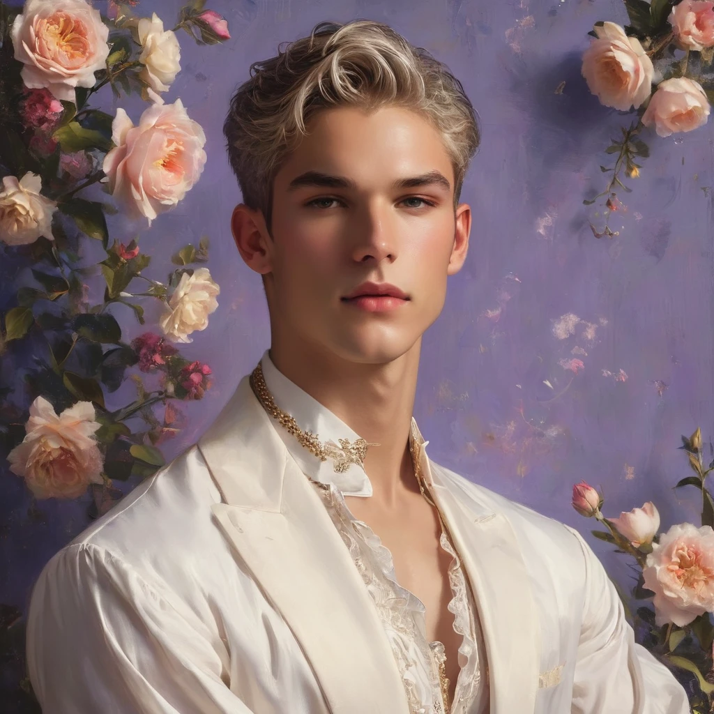 Candid Vogue fashion editorial shot of mixed male supermodel, 23 year old, short platinum silver hair, masculine appearance with slender physique, symmetric face, natural olive skin tone, exudes youthfulness and athleticism, he is very photogenic, laying against an ornate dark purple background featuring a floral painting setting to add depth and richness to the scene, ((Depict Lucifer as a charismatic and sophisticated figure)), He is a striking presence with an air of mystery and intelligence. wears a well-fitted, light purple robe over a white shirt, His demeanor is confident and charming, with a subtle hint of his divine origins in his calm and intense gaze. top view, dynamic angle, Capture (full-body short), dynamic angle, using a Canon EOS R7 and Sigma AF 85mm F1.4 EX DG HSM lens by Thomas Synnamon, evoke the soft ethereal quality of the Renaissance style, raw photo, ((masterpiece)), (best quality), High Resolution, (ultra_realistic), photorealistic, ((Pay attention to the layer and arrangement of body parts and surrounding objects)), ((Pay attention to the body composition)), ((Correct body structure)), ((Correct photo distance)), romantic atmosphere, lively extremely Gorgeous background), Lucifer rose,