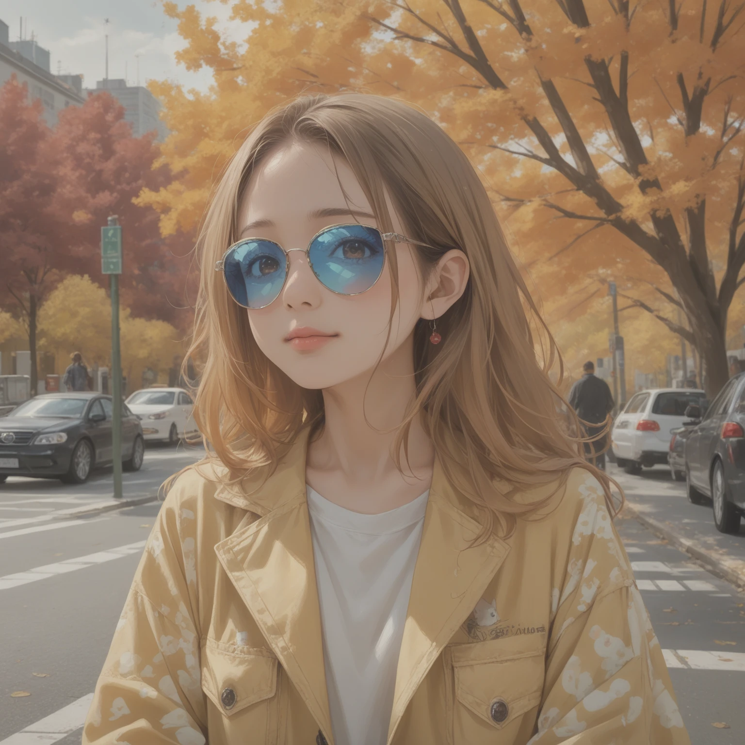 Arafed woman in sunglasses stands on a city street, lofi artstyle, realistic anime 3d style, anime style. 8 K, 🍁 Cute, anime style mixed with fujifilm, work in Guweiz style, photorealistic!!!!!!! art style, lofi portrait, 🍂 Cute, realistic style, lofi girl, Realism, anime atmosphere