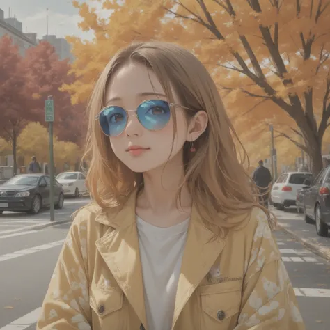 arafed woman in sunglasses stands on a city street, lofi artstyle, realistic anime 3d style, anime style. 8 k, 🍁 cute, anime sty...