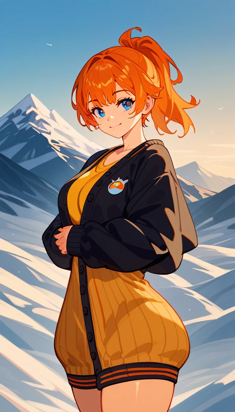 (check_9,check_8_up,check_7_up,check_6_up,check_5_up,check_4_up), masterpiece, Best quality, expressive eyes, orange short hair, Ponytail, Blue eyes, smile, big breasts, big ass, wide hips, yellow shirt,  Black cardigan, striped high socks, Mountains