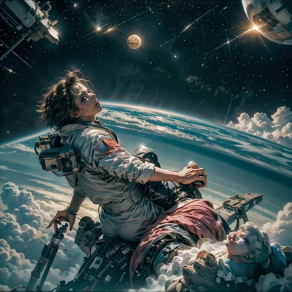 he astronaut walks in the sea of flowers dotted with pink clouds，The astronaut who is alone，The astronaut cannot leave this planet，The astronaut is lost in the boundless space.