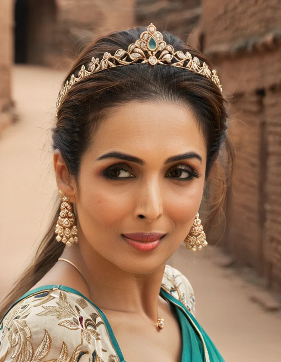 MalaikaArora,portrait, city,close up of a Elderly buxom (Girl:1.2) , Tiara, near Gwalior Fort, deep focus, L USM, CineColor, 8K, Concept Art World