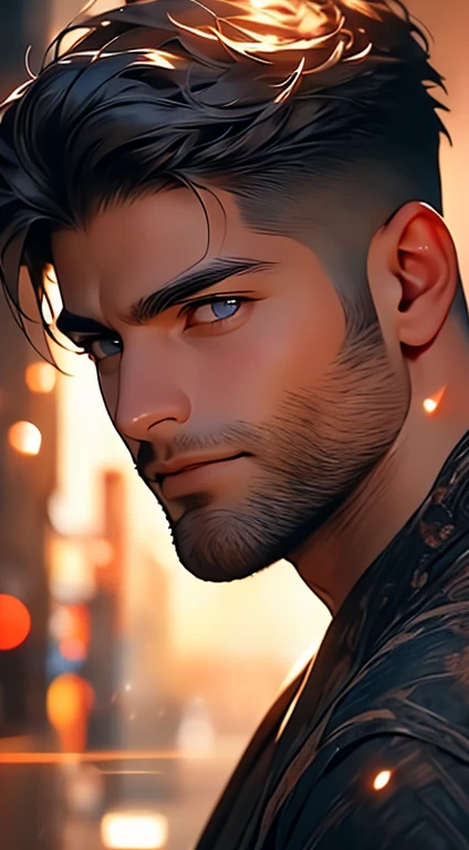 (best quality,4k,8k,highres,masterpiece:1.2),ultra-detailed,(realistic,photorealistic,photo-realistic:1.37),1 man,31 years old,mature man,very handsome,without expression,smile,short grey black hair,blue eyes,penetrating gaze,perfect face without errors,imposing posture,businessman,office background,cinematic lighting,hdr image