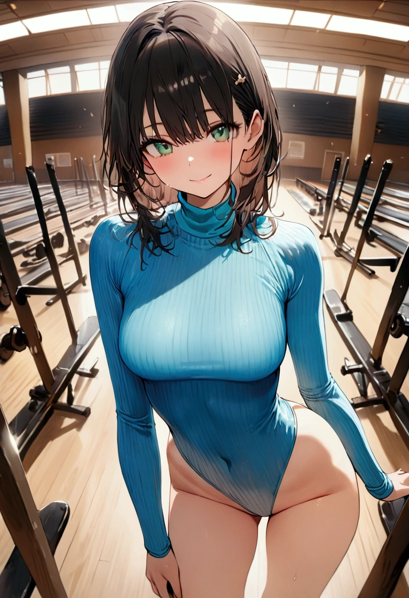 highquality illustration, masterpiece, very delicate and beautiful, attractive girl,(mint green leotard,colorful leotard, heattech leotard,tight leotard,long_sleeve leotard,ribbed leotard,high_leg leotard,turtleneck leotard), thin,slender body,slim,gymnastics club,gymnastics athlete,bare legs,gymnasium background,beautiful eyes, light smile,(masterpiece, best quality:1.2), highres, extremely detailed CG unity 8k wallpaper, perfect lighting, Colourful, ultra-high res,4K,ultra-detailed, photography, 8K, HDR,  17 ages, 