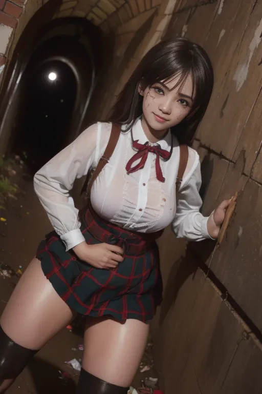 big breasted school girl , dirty school girl , dark red skirt , plaid skirt , pleated skirt , the shirt is tight. , dirty white ...