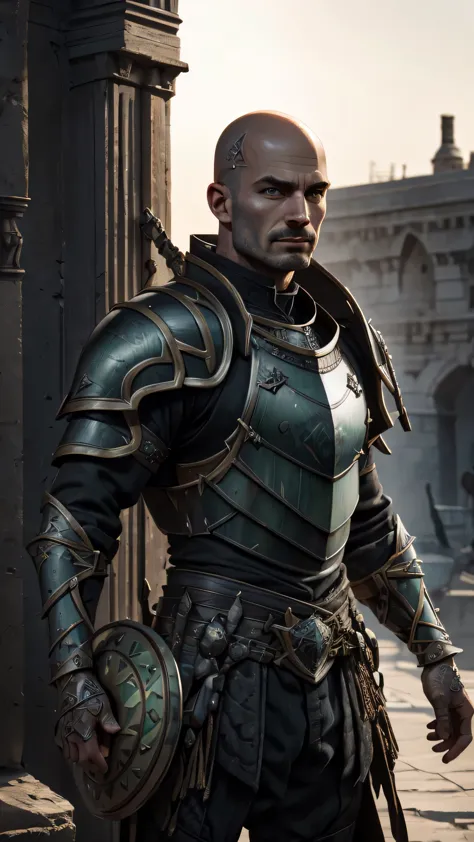 titanic warrior, male, bald, dark gray (intricate armor), plates, (big shield), (masterpiece, best quality), (green eyes), (hype...