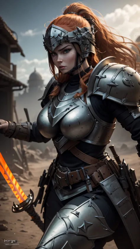 warrior, female, ginger ponytail, dark gray (helmet), dark gray (armor), plates, orange patterns, (big sword), (big shield), (ma...