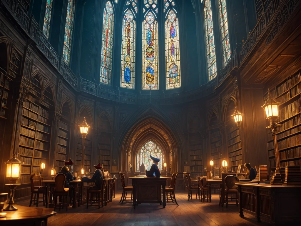 a fantastical old library, majestic, huge, bioluminescent mineral gems illuminating the interior, large stained glass window in the background, desks and chairs, (best quality,8k,highres,masterpiece:1.2),ultra-detailed,realistic,photorealistic,photo-realistic:1.37,ornate,medieval,dramatic lighting,intricate architecture,detailed textures,moody atmosphere,warm colors, with some Librarian Kobolds from a distance in the background, Kobolds, scalie, anthro, kobold female, kobold male, women, men, flat chested, flat breasts, horns  