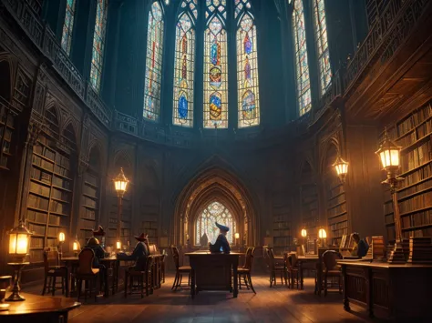 a fantastical old library, majestic, huge, bioluminescent mineral gems illuminating the interior, large stained glass window in ...