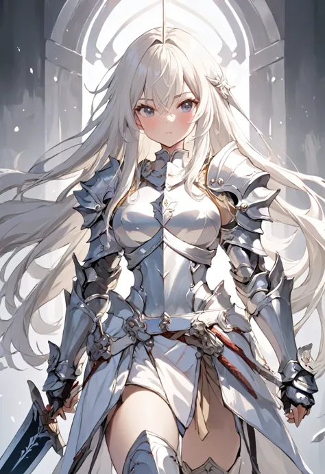 anime art, woman warrior, swordsman, silver armor, front view, white long hair, masterpiece, high quality.