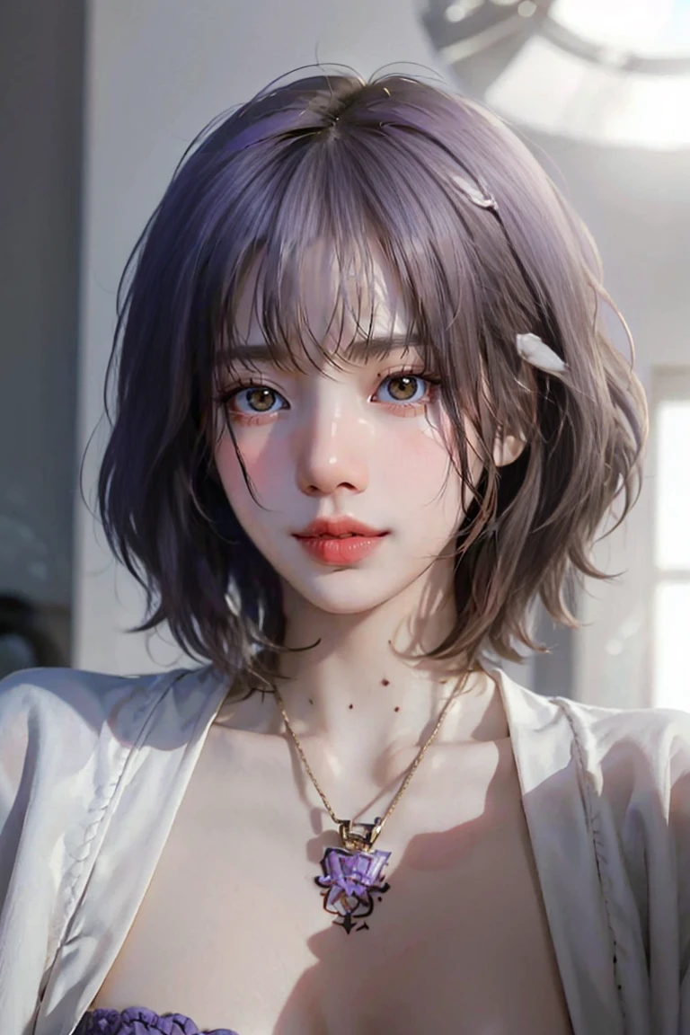 ((Close-up of a woman with tattoos on her chest)), girl, Short white hair with bangs, Black strands of hair, Purple eyes, White T-shirt and white cape, Pendant around the neck. 超High resolution.Photorealistic. 超High resolution.Photorealistic:1.4,超High resolution. Realistic，High resolutionで, masterpiece, Highest quality, Very detailed, Better Shadows, Volumetric lighting), super high quality, High resolution, 8k, 超Realisticな肖像画 , Photorealistic, Dynamic Lighting, Volumetric lighting, Very detailed顔,(NSFW:0.9),Large Breasts