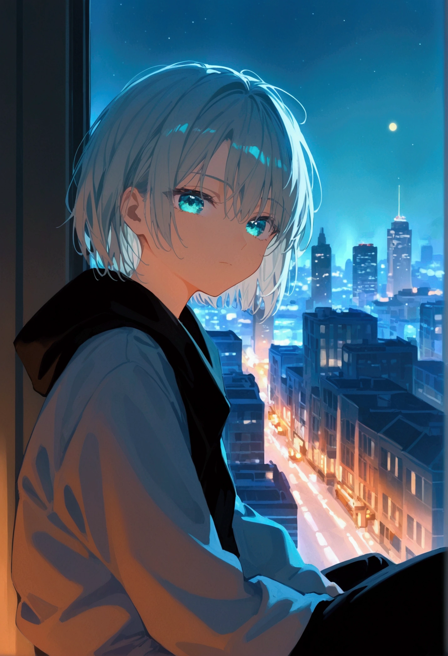 (masterpiece), Highest quality, Cyan eyes, Light grey hair, Expressive eyes, Jorhaya, Sitting in a high-rise apartment room, Night Sky, Cityscape, View your viewers, City lights, window, highlight, Dramatic Light, Calm face,