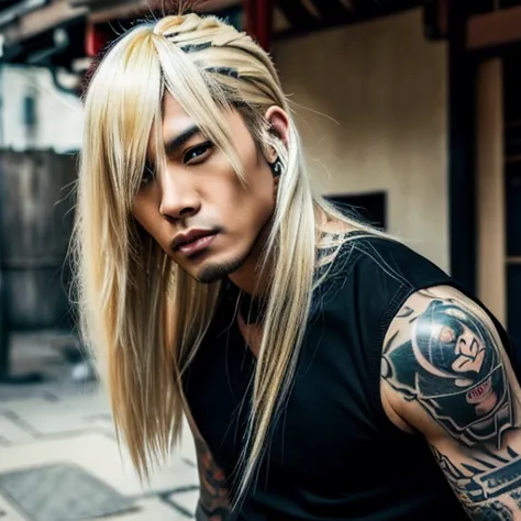 1 man, Japanese man, male, Asian eyes, muscular, broad shoulders, yakuza tattoos, hairstyle Visual Kei style, hair Visual Kei, b...