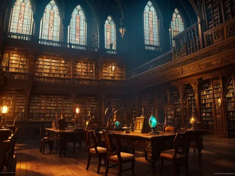 a fantastical old library, majestic, huge, bioluminescent mineral gems illuminating the interior, large stained glass window in ...